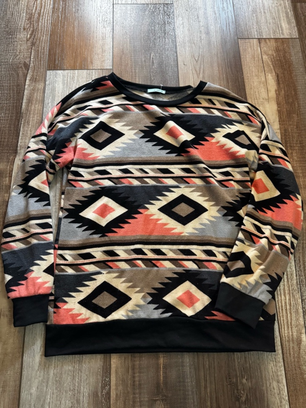 Women’s Aztec Pattern Crewneck Sweater in Coral, Black & Tan